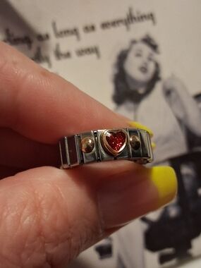 Stainless Steel Heart Ring with Red Enamel Accent